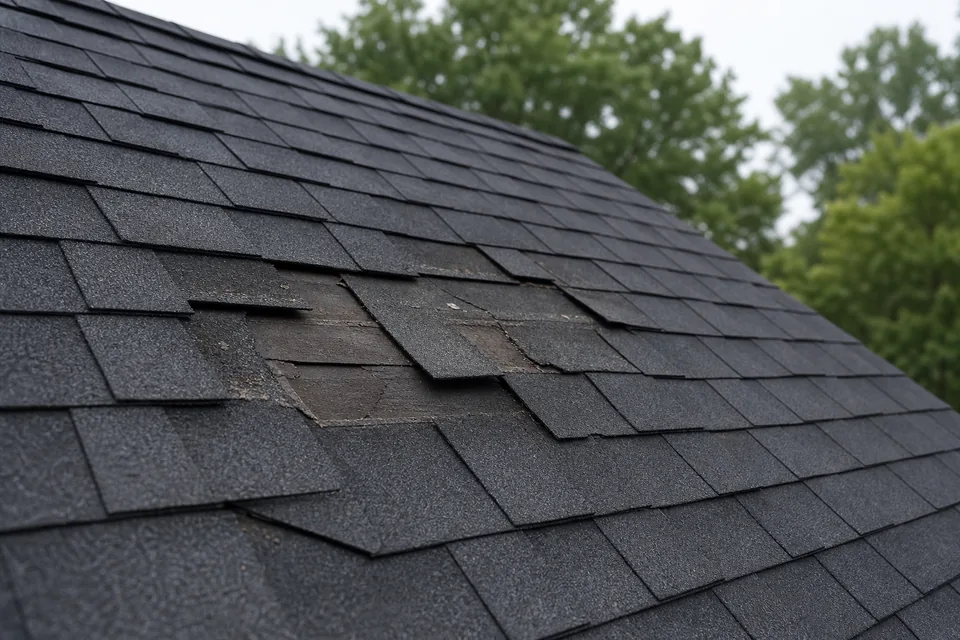 Storm-damaged residential roof before repair