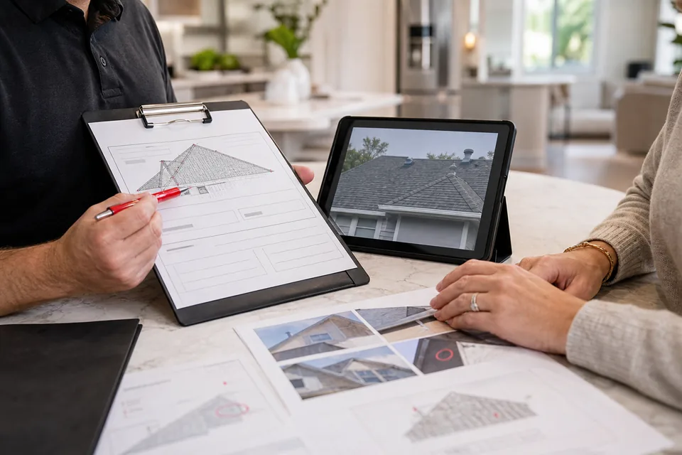 Roofing professional performing a detailed residential inspection
