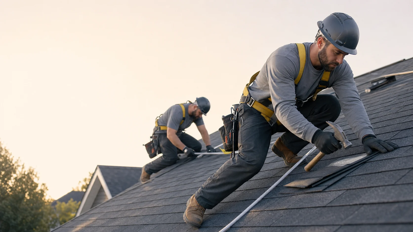 Close view of an asphalt shingle roof repair