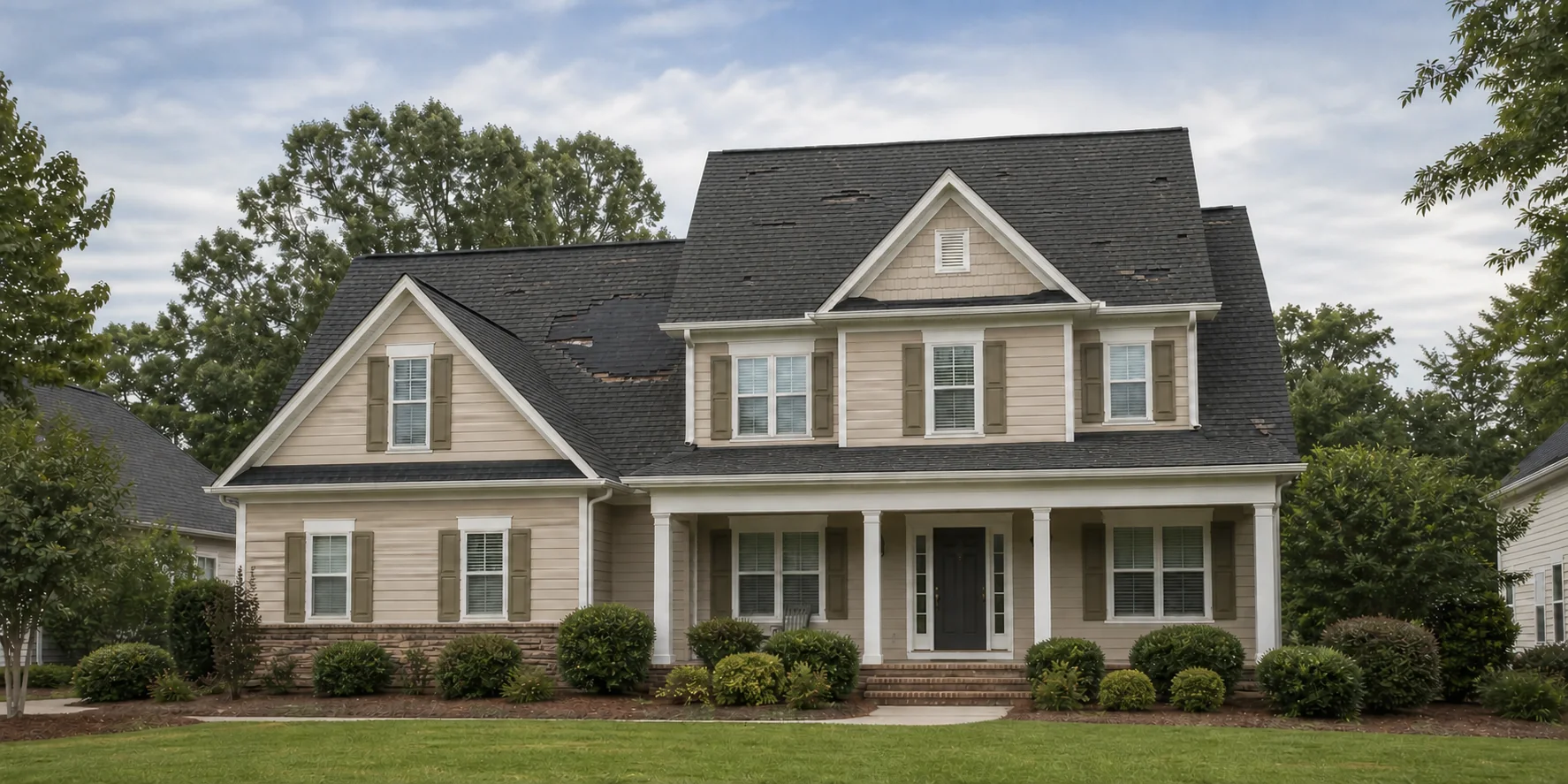 Roofing crew assessing shingles after severe weather